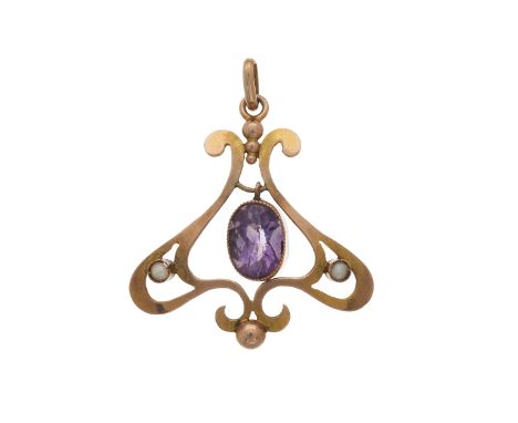 Joseph & Richard Griffin, an Art Nouveau 9ct gold amethyst and split pearl openwork pendant, with bead highlights, maker's ma
