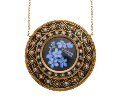 A late 19th century gold, black enamel and split pearl pendant, with painted floral glazed panel, suspended from a 9ct gold i