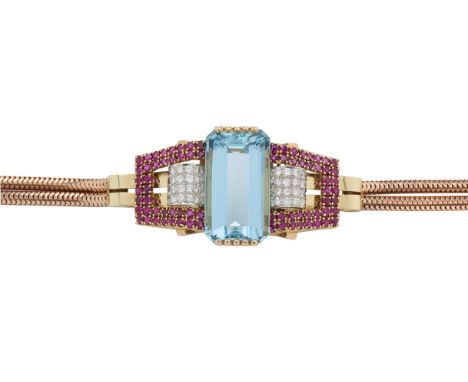 An exceptional 1940s 14ct bi-colour gold, rectangular-shape aquamarine geometric bracelet, with pave-set diamond and circular