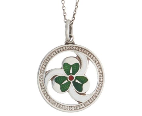 An Art Nouveau silver and polychrome enamel shamrock pendant, maker's marks for J A Wylie & Co, hallmarks for Birmingham 1922