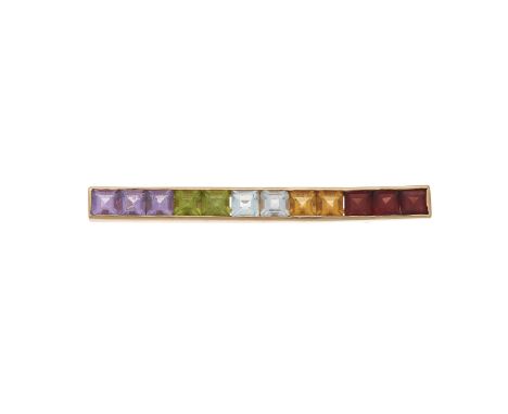 A 14ct gold multi-gem bar brooch, gems to include garnet, citrine, blue topaz, peridot and amethyst, mount stamped 14K, lengt