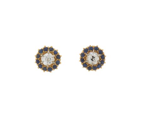 A pair of gold, old-cut diamond and sapphire cluster stud earrings, estimated total diamond weight 0.60ct, I-J colour, SI2-P1