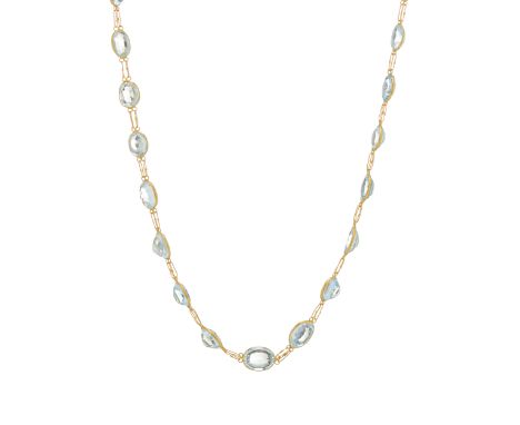 A 14ct gold aquamarine line necklace, designed as a series of thirty-six slightly graduated oval-shape aquamarines, with S ho