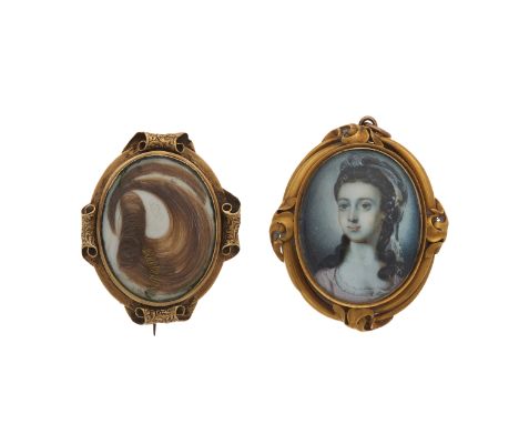 Two Victorian gold mourning brooches, one with painted portrait miniature dated 1859, the other with glazed hair work panel, 