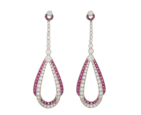 A pair of mid 20th century platinum, calibre-cut ruby and circular-cut diamond drop earrings, estimated total diamond weight 