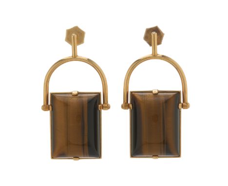 Louis Vuitton, a pair of 18ct gold tiger's eye cabochon earrings, signed Louis Vuitton, French assay marks, length 3.9cm, 17.