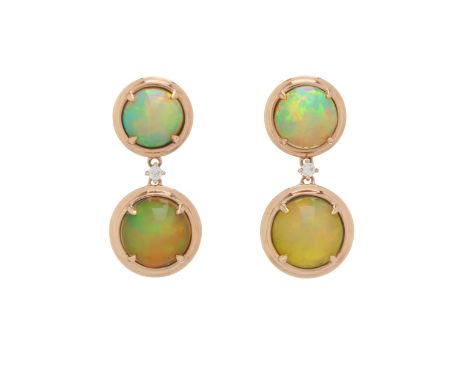 A pair of 18ct rose gold, opal cabochon drop earrings, with similarly-set surmount and brilliant-cut diamond spacer, total op