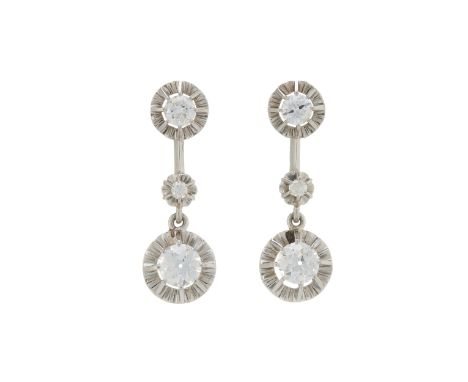 A pair of old-cut diamond drop earrings, with similarly-cut diamond two-stone surmount, estimated total diamond weight 1.50ct