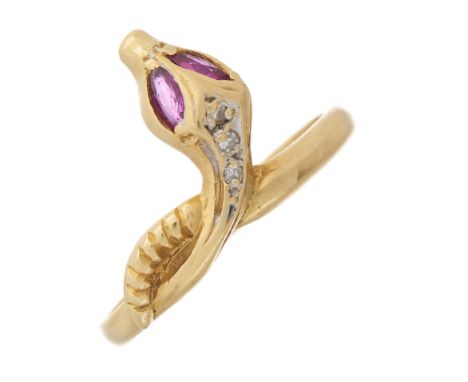 An 18ct gold snake ring, with single-cut diamond crest and marquise-shape ruby eyes, hallmarks for Birmingham 1990, ring size