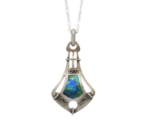 Gourdel Vales & Co., an Arts & Crafts silver and polychrome enamel pendant, with openwork planished surround, suspended from 