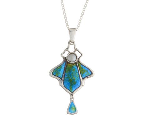 Charles Horner, an Art Nouveau polychrome enamel and mother-of-pearl pendant, suspended from a later silver chain, maker's ma