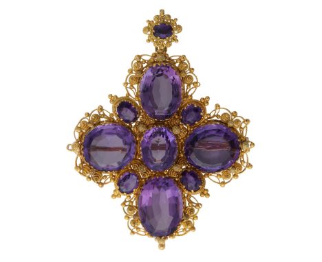 An early to mid Victorian 18ct gold amethyst cross pendant, with cannetille openwork surrounds and similarly-designed surmoun