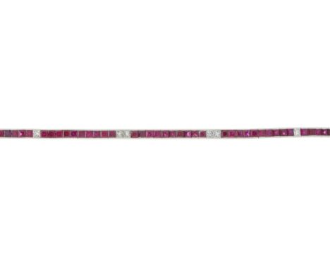 An 18ct gold calibre-cut ruby line bracelet, with square-shape diamond highlights and partially concealed push-piece clasp, e