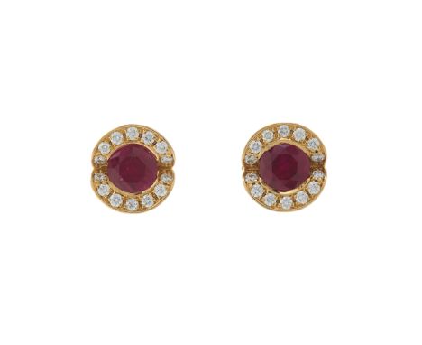 A pair of 18ct gold circular-shape ruby and brilliant-cut diamond cluster stud earrings, estimated total diamond weight 0.30c