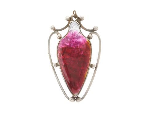 An Arts & Crafts silver Newlyn enamel pendant, with bead accent openwork surround, signed Newlyn enamel, length 3.9cm, 7gCond