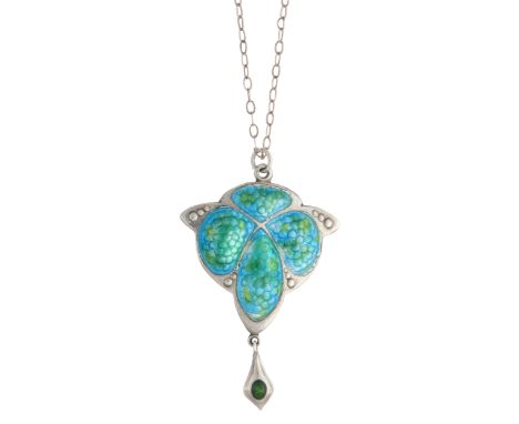 Smith & Ewen, an Art Nouveau silver, blue and green enamel pendant, suspended from a later silver chain, maker's marks worn, 