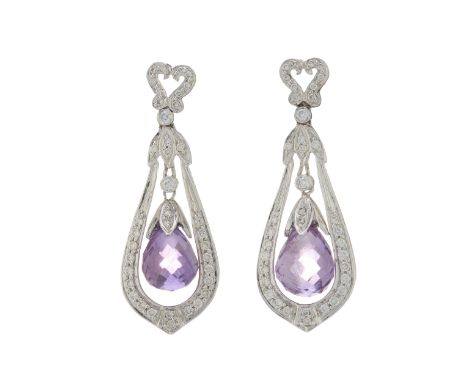 A pair of 18ct gold amethyst briolette and brilliant-cut diamond drop earrings, of foliate openwork design, estimated total d