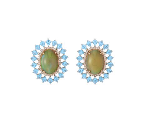 A pair of 18ct gold opal cabochon and brilliant-cut diamond cluster stud earrings, with fancy-shape blue topaz surround, tota