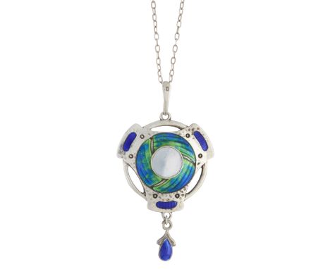 Smith & Ewen, an Arts & Crafts silver, blue and green enamel pendant, with mother-of-pearl central highlight, suspended from 