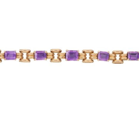 A mid 20th century 18ct gold rectangular-shape amethyst bracelet, with grooved connecting links and concealed clasp, stamped 