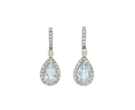 A pair of 14ct gold pear-shape aquamarine and brilliant-cut diamond drop earrings, with similarly-cut diamond half-hoop surmo