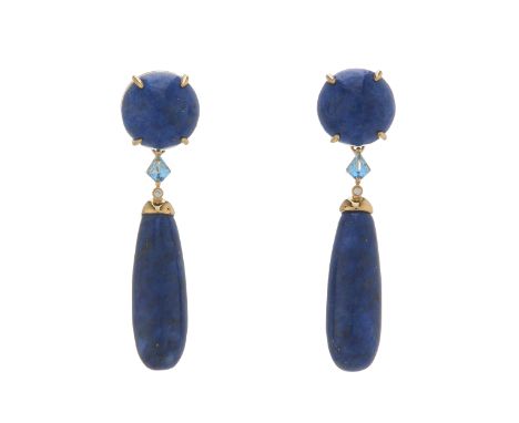 A pair of 18ct gold lapis lazuli, blue topaz and diamond drop earrings, with lapis lazuli cabochon surmount, stamped Au750, l