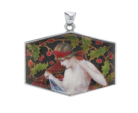 Lucien Delrive, an Art Nouveau Limoges enamel pendant, painted to depict a young woman, with holly bush background, signed L.