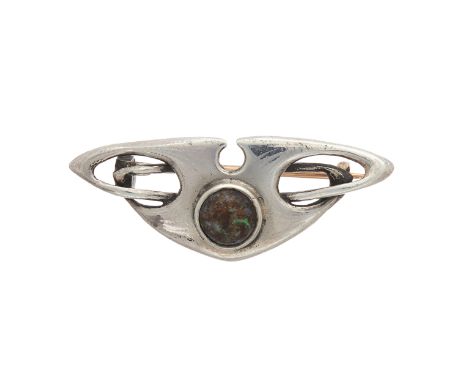 William Hair Haseler for Liberty & Co., an Art Nouveau silver, boulder opal cabochon brooch, with openwork surround and 9ct g