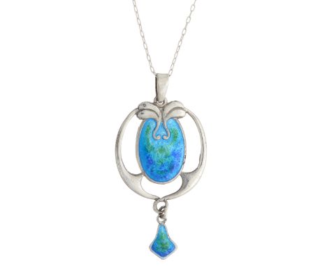 Charles Horner, an Art Nouveau silver, green and blue enamel openwork pendant, suspended from a later silver chain, maker's m