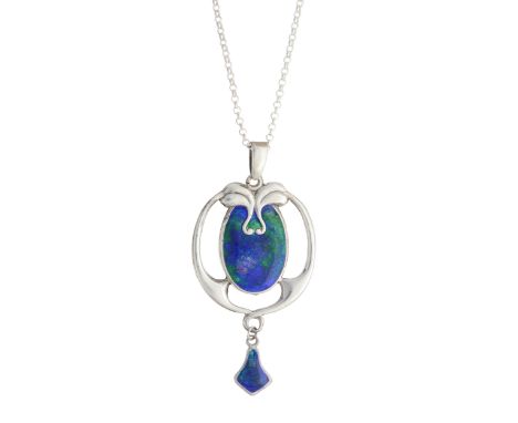 Charles Horner, an Art Nouveau silver, green and blue enamel openwork pendant, suspended from a later silver chain, maker's m