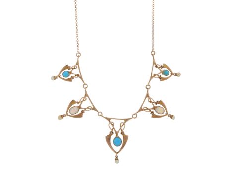 An Art Nouveau 9ct gold turquoise, opal and seed pearl fringe necklace, with bead accent fancy-link integral chain, stamped 9