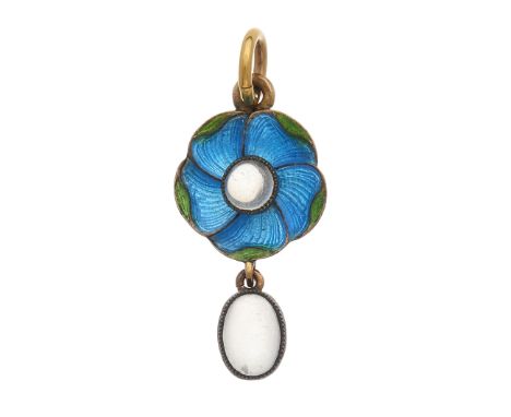 Child & Child, an Art Nouveau silver and gold, moonstone cabochon and polychrome enamel floral pendant, suspending an oval-sh