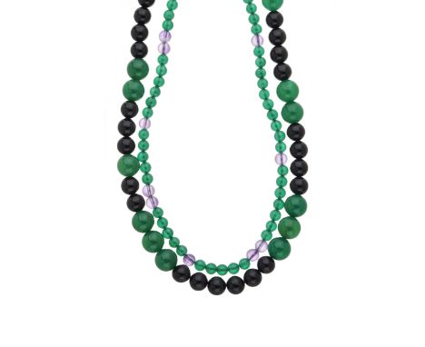 A green agate, onyx and amethyst two-row bead necklace, with 18ct gold S hook clasp, engraved Au750, length 41cmCondition- Ov