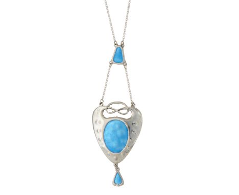 Charles Horner, an Arts & Crafts silver and blue enamel pendant, with planished surround, suspended from a later, integral in