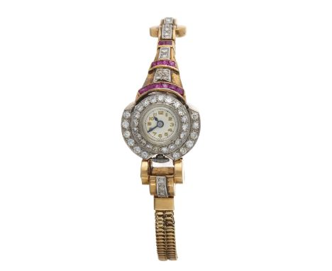 A 1940s 18ct gold single-cut diamond and calibre-cut ruby cocktail watch, with asymmetrical articulated sides, estimated tota