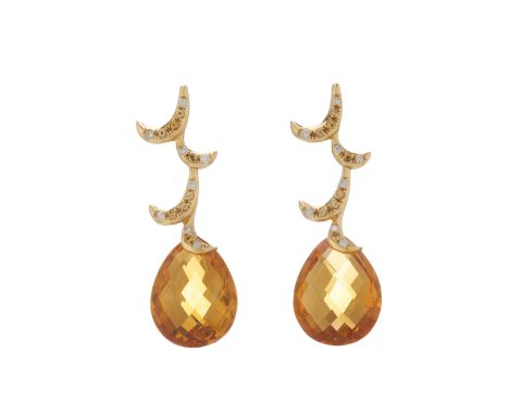 A pair of 18ct gold citrine briolette drop earrings, with brilliant-cut diamond and citrine scrolling surmount, estimated tot