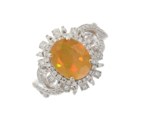 An 18ct gold opal and brilliant-cut diamond cocktail dress ring, with similarly-cut diamond openwork shoulders, opal estimate