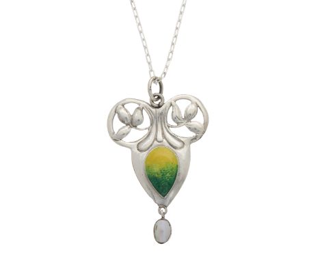 Pendleton & Sons, an Art Nouveau silver and enamel floral pendant, with mother-of-pearl drop, suspended from a later silver c