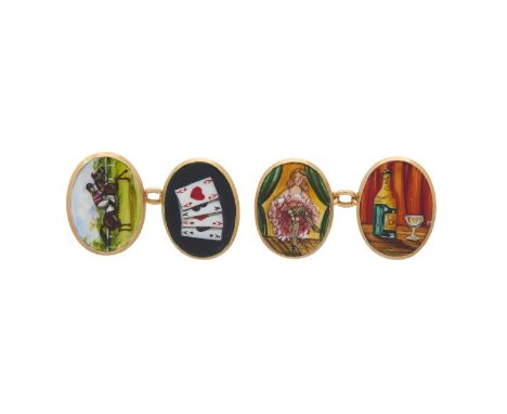 A pair of early 20th century 18ct gold polychrome enamel four vices cufflinks, each designed to depict one of the four vices: