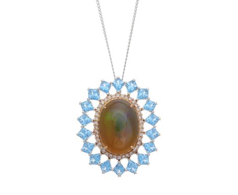 An 18ct gold opal cabochon pendant, with fancy-shape blue topaz and brilliant-cut diamond double surround, suspended from a c