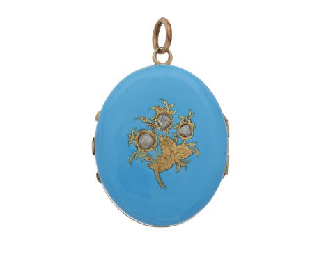An early 20th century gold, rose-cut diamond and blue enamel floral locket pendant, opening to reveal two vacant panels, one 