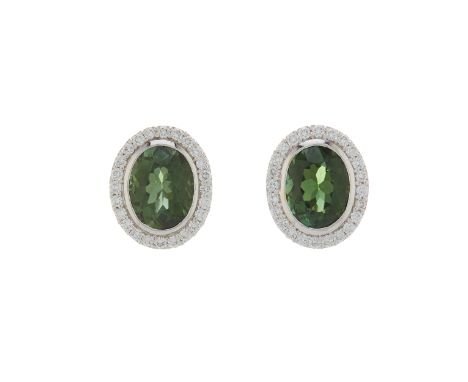 A pair of 18ct gold green tourmaline and brilliant-cut diamond cluster stud earrings, estimated total tourmaline weight 4ct, 