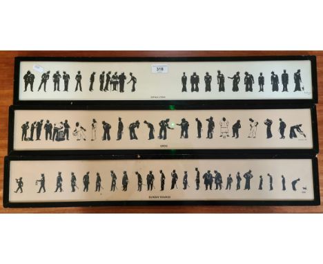 After A M Hughes, three vintage prints depicting sailors, 'Grog', 'Sunday Rounds' and 'Defaulters', 69cm x 9cm, framed and gl