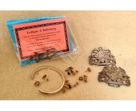 A mixed lot including a hallmarked silver nurses buckle, a Native American brooch, a bangle marked '925' and assorted stud ea