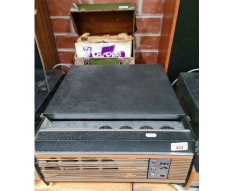 An HMV record player system with a box of 78's  