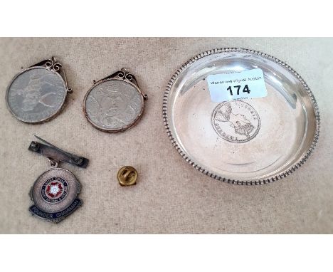 A quantity of mainly silver items including an Indian silver dish with central 1 rupee Indian coin 1878, Queen Victoria bust,