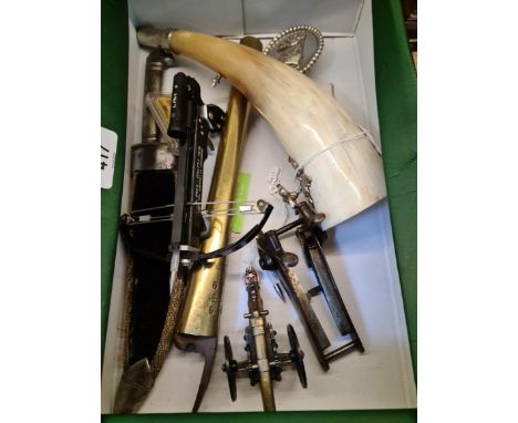 A box of mixed collectables including antique gun parts, French silver mounted harking horn, dagger, mini crossbow etc.