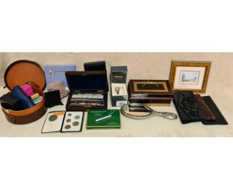 A lot of collectables including empty antique and vintage jewellery boxes, deed box with key ( AF ), leather wallets, few coi