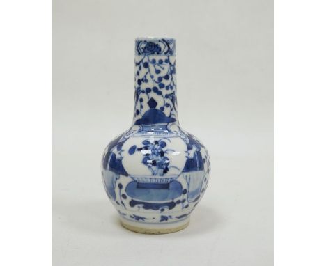 Chinese porcelain blue and white small bottle vase, 19th century, four-character mark to base, painted with figures flanking 