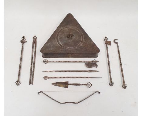 Tibetan or possibly Nepal ritual shamanic items housed in a triangular 'demon prison' with&nbsp;a metal phurba triform short 